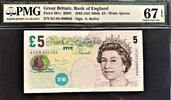 UK (Great Britain) 5 Pounds England LOW Serial 000064 Pick-391c Superb GEM UNC PMG 67 EPQ -