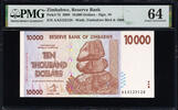 Zimbabwe Zimbabwe 10000 ( 10,000 ) Dollars Pick-72 Choice UNC PMG 64 -