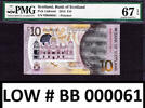 UK (Great Britain) 10 Pounds Scotland Polymer LOW Serial BB 000061 Superb GEM UNC PMG 67 EPQ -
