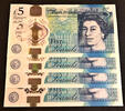 UK (Great Britain) 5 Pounds Great Britain POLYMER 4 Notes with MATCHING Serial 363527 UNC -