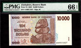 Zimbabwe Zimbabwe 10000 ( 10,000 ) Dollars Pick-72 GEM UNC PMG 66 EPQ FINEST GRADE -