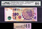 100 Pesos Argentina Commem. LOW Serial 00000198 B P-358b CH UNC PMG 64 EPQ -