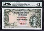 New Zealand New Zealand 10 Pounds (1956-60) Serial 6F 941457 Pick-116c CH UNC PMG 63 EPQ -