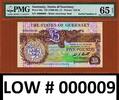 UK (Great Britain) 5 Pounds Guernsey LOW Serial 000009 Pick-49a PMG 65 Gem UNC -