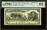 Mexico Mexico 5 Pesos ND (1892-1913) SPECIMEN Pick-S360s M434s Ch UNC PMG 64 EPQ -