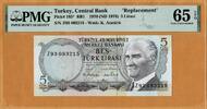 Turkey Turkey 5 Lirasi REPLACEMENT 1970 (ND 1976) P-185* Prefix Z93 GEM UNC PMG 65 EPQ -