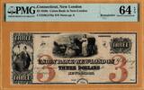 U.S.A United States (Connecticut, New London) 3 Dollars 1850 PMG 64 EPQ -