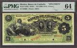Mexico Mexico Banco de Coahuila 5 Pesos ND (1898-1914) SPECIMEN P-S195s CH UNC PMG 64 -