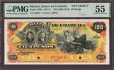 Mexico Mexico Banco de Coahuila 100 Pesos (1898-1914) SPECIMEN P-S199s About UNC PMG 55 -