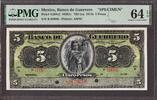 Mexico Mexico Banco de Guerrero 5 Pesos Ca. 1914 SPECIMEN Pick-S298s2 CH UNC PMG 64 EPQ -