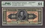 Mexico Mexico Banco de Guerrero 10 Pesos (1906-1914) SPECIMEN Pick-S299s2 CH UNC PMG 64 -