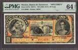 Mexico Banco de Zacatecas 20 Pesos 1891-1914 SPECIMEN P-S477s CH UNC PMG 64 EPQ -
