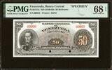 Venezuela 50 Bolivares SPECIMEN ND (1940-60) Pick-33s SUPERB GEM UNC PMG 68 EPQ
