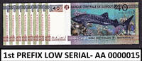 40 Francs Djibouti Commemorative FIRST Prefix LOW Serial AA 0000015 UNC -