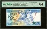 Portugal Portugal 100 Escudos SPECIMEN 1986 Pick-179as CH UNC PMG 64 -