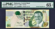 Bahamas 2008 $ Bahamas $1 LOW Serial 000008 Pick-71 GEM UNC PMG 65 EPQ -