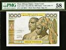 1000 Francs West African States / Ivory Coast 1959-65 P-103Al About UNC PMG 58 -