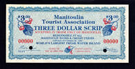 Canada Canada 1986 Local Currency Manitoulin 3 Dollar Scrip SPECIMEN Choice UNC -