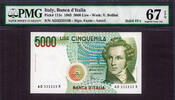 Italy Italy 5000 Lire 1985 SOLID Serial 333333 Pick-111c SUPERB GEM UNC PMG 67 EPQ -