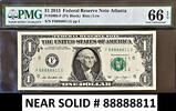 USA One Dollar Federal Reserve Lucky Near SOLID # 88888811 GEM UNC PMG 66 EPQ -