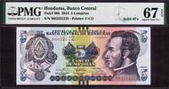 5 Lempiras Honduras SOLID Serial 2222222 Pick-98b SUPERB GEM UNC PMG 67 EPQ -