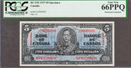 Canada Canada $5 SPECIMEN 1937 KGVI BC-23S Pick-60S GEM UNC PCGS 66 PPQ -
