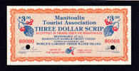 Canada 3 Dollar Canada 1987 Local Currency Manitoulin 3 Dollar Scrip SPECIMEN UNC -