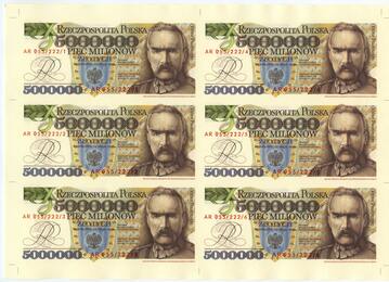 POLAND / POLEN 5 000 000 zlotych 19995 REPLICA. Sheet of 6 pieces UNC