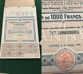 FRANCE / CANNES 1.000 Francs 1930 CASINO Cannes, 250 pcs, RARE UNC