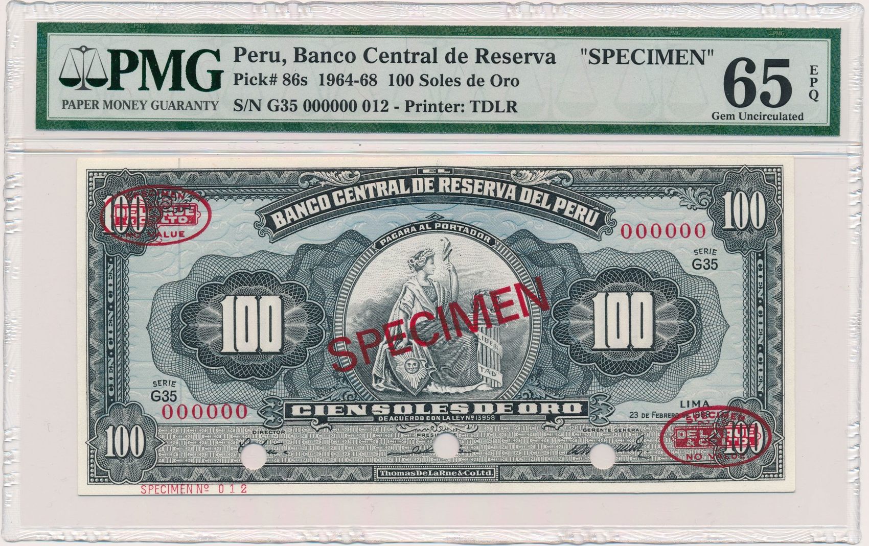 Peru 100 Soles Specimen Pmg 65 Epq Max Ma Shops