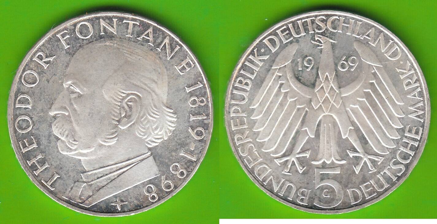BRD 5 Deutsche Mark 1969 G Fontane Erstabschlag, proof-like | MA-Shops