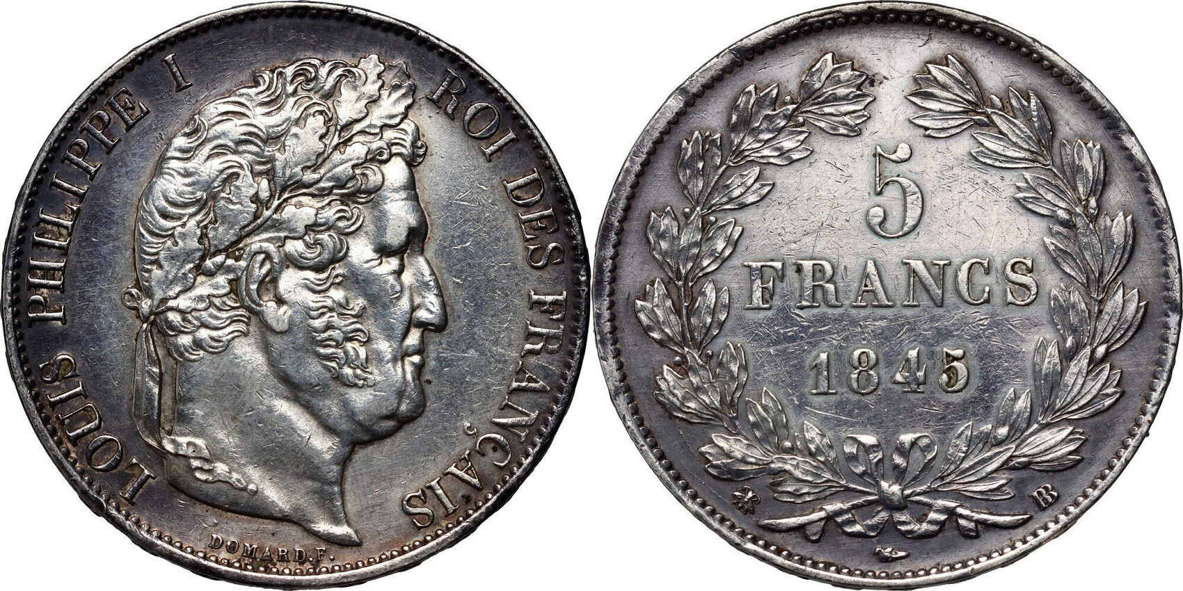 FRANCE 5 Francs 1845 BB Louis Philippe I, Cleaned SS+ | MA-Shops