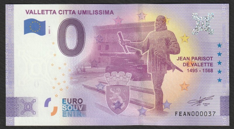 Billet Souvenir 0 Euro – Malte La Valette – Papier Sécurité, Numéro Unique – Collection