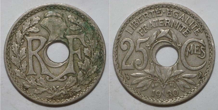 France GADOURY 380 - 25 CENTIMES 1930 TYPE LINDAUER -Trou décentré TTB