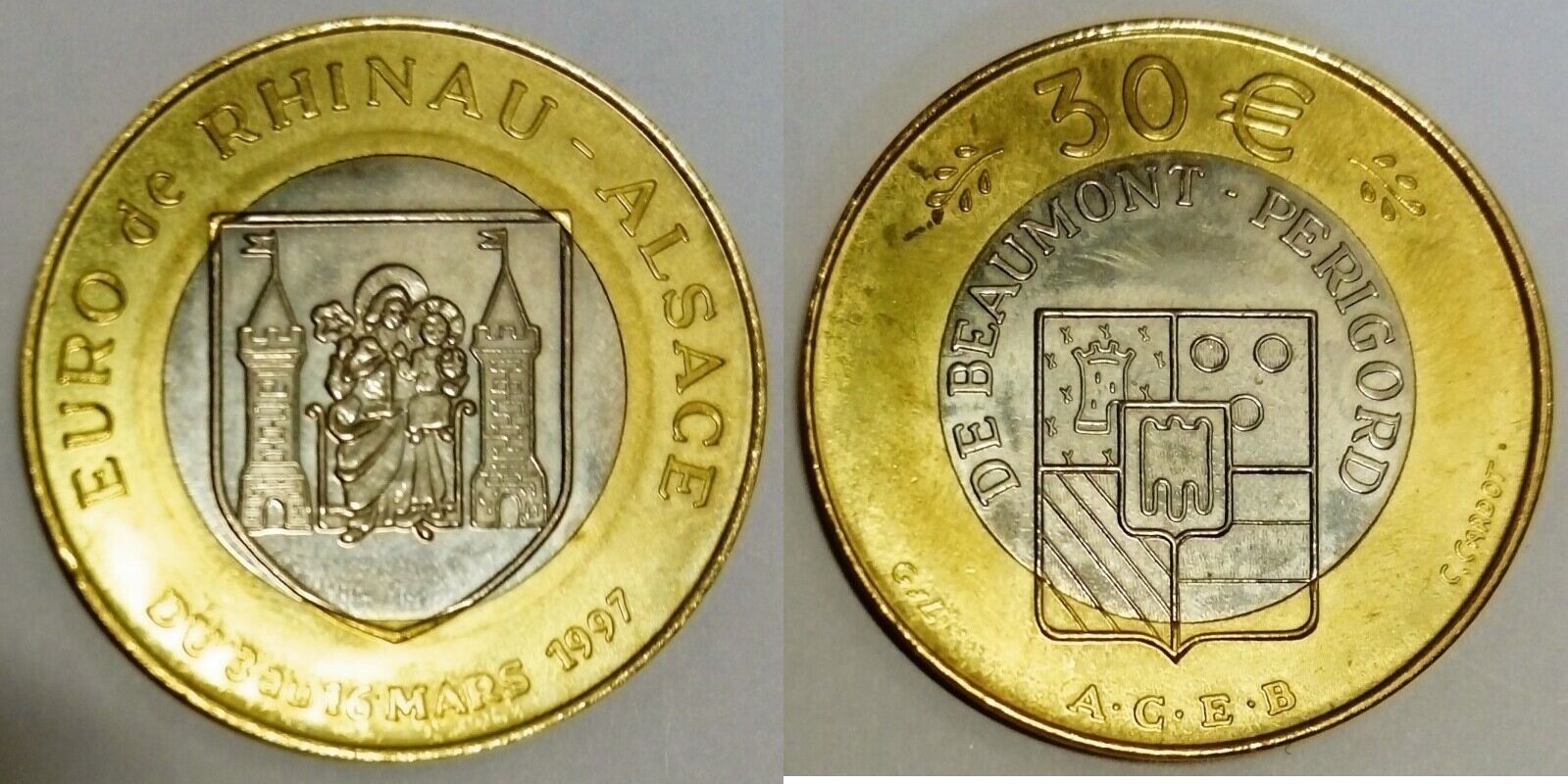 Jeton 1,5 Euro Jumelage Beaumont-du-Périgord / Rhinau - 1997 - Cupronickel