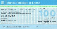 Italie 100 Lire ITALIEN – LECCO – BANQUE POPULAIRE – 100 LIRE – 1977 -
