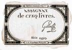 France 5 Livres ASSIGNAT ÜBER 5 LIVRES - 10 BRUMAIRE JAHR 2 - SERIE 19303 -