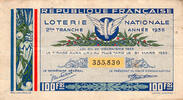 France Französische Republik – Nationale Lotterie – 100 Francs – 2. Rang – 1935 -