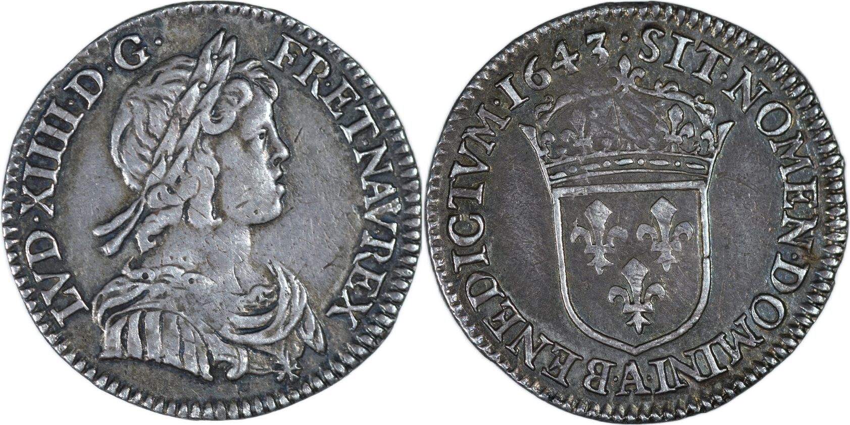 Monnaie royale, Louis XIV, écu à la mèche courte 1644 A Rose entre 2 points Paris