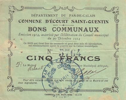 Frankreich 20/12/1914 5 F EcourtSaintQuentin III / SS