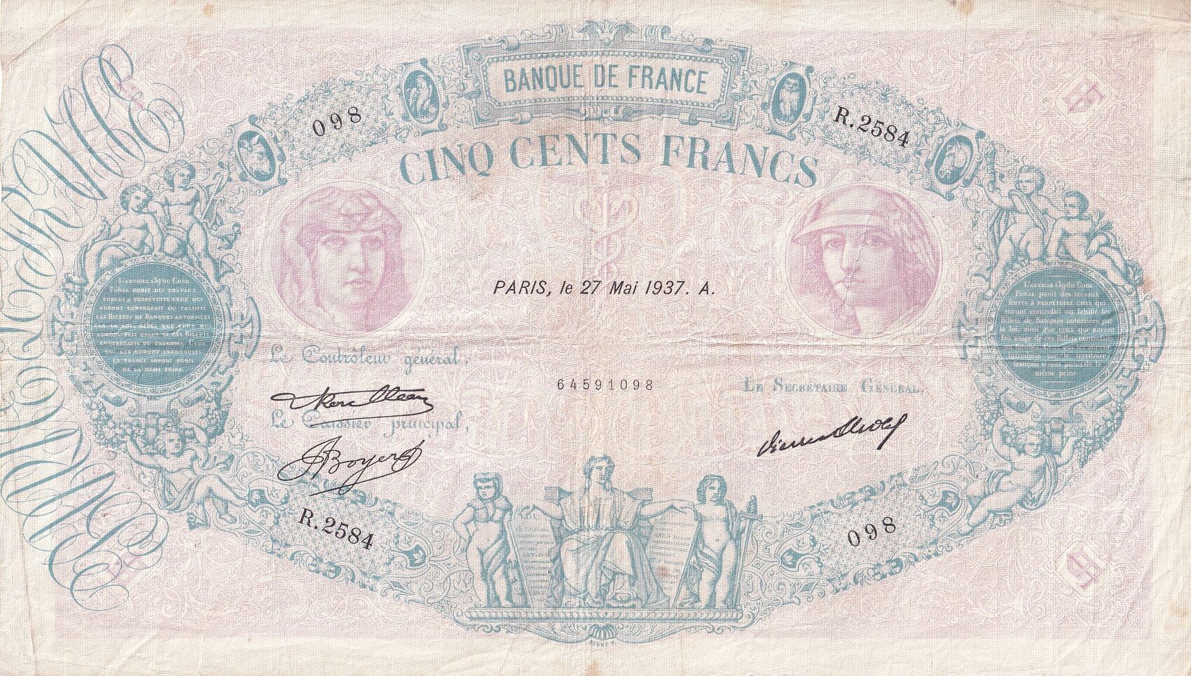 Frankreich 1937 500 Francs - Pink And Blue - 27-05-1937 - Serial R.2584 ...