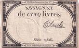 Frankreich 5 livres 5 Pounds 10 Brumaire Year II (31.10.1793) - Sign. Blanche - Serial 12826 -