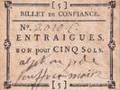 Frankreich 1790/1793 Voucher for 5 Sols - Billet de Confiance - Vaucluse - Entraigues - n°2010 III / SS
