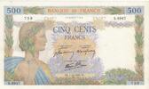 Frankreich 1942 500 Francs - The peace- 01-10-1942 - Serial S.6947 I- / VZ+ / VZ-ST+