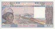 Staaten von Westafrika  5000 Francs Woman, fish, boat - 1982 - Serial R.4 - Ivory Coast I- / VZ+ / VZ-ST+