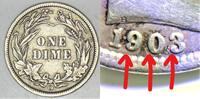 USA 1903/1903 -O Repunched Date Barber Dime; vz 154,59 EUR  zzgl. 13,73 EUR Versand
