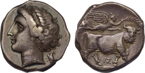 Campania, Neapolis AR nomos 275-250 BC Nymph facing left/man-headed bull ss
