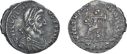 Roman Empire AR siliqua AD 392-4 Eugenius, Trier, Roma seated left ss+