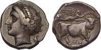 Campania, Neapolis AR nomos 275-250 BC Nymph facing left/man-headed bull ss