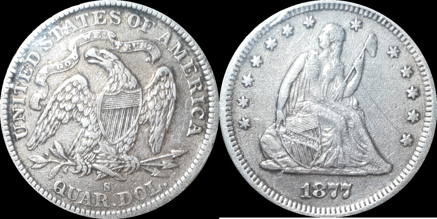 1/4 Dollar 1877 S USA US 1 Seated Liberty $ Quarter Silver Coin Free ...